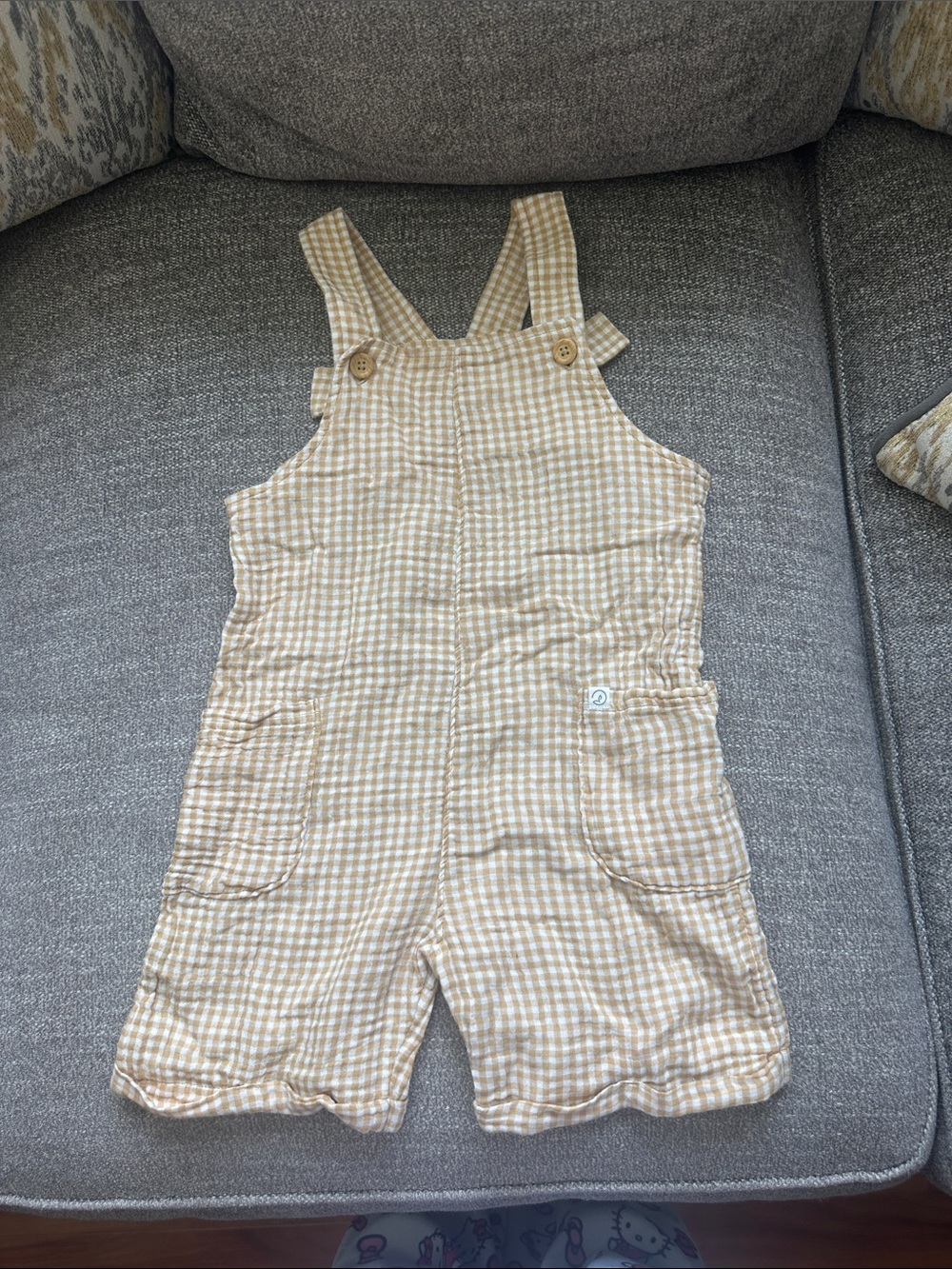 Neutral Gingham Kids Overalls - Beige